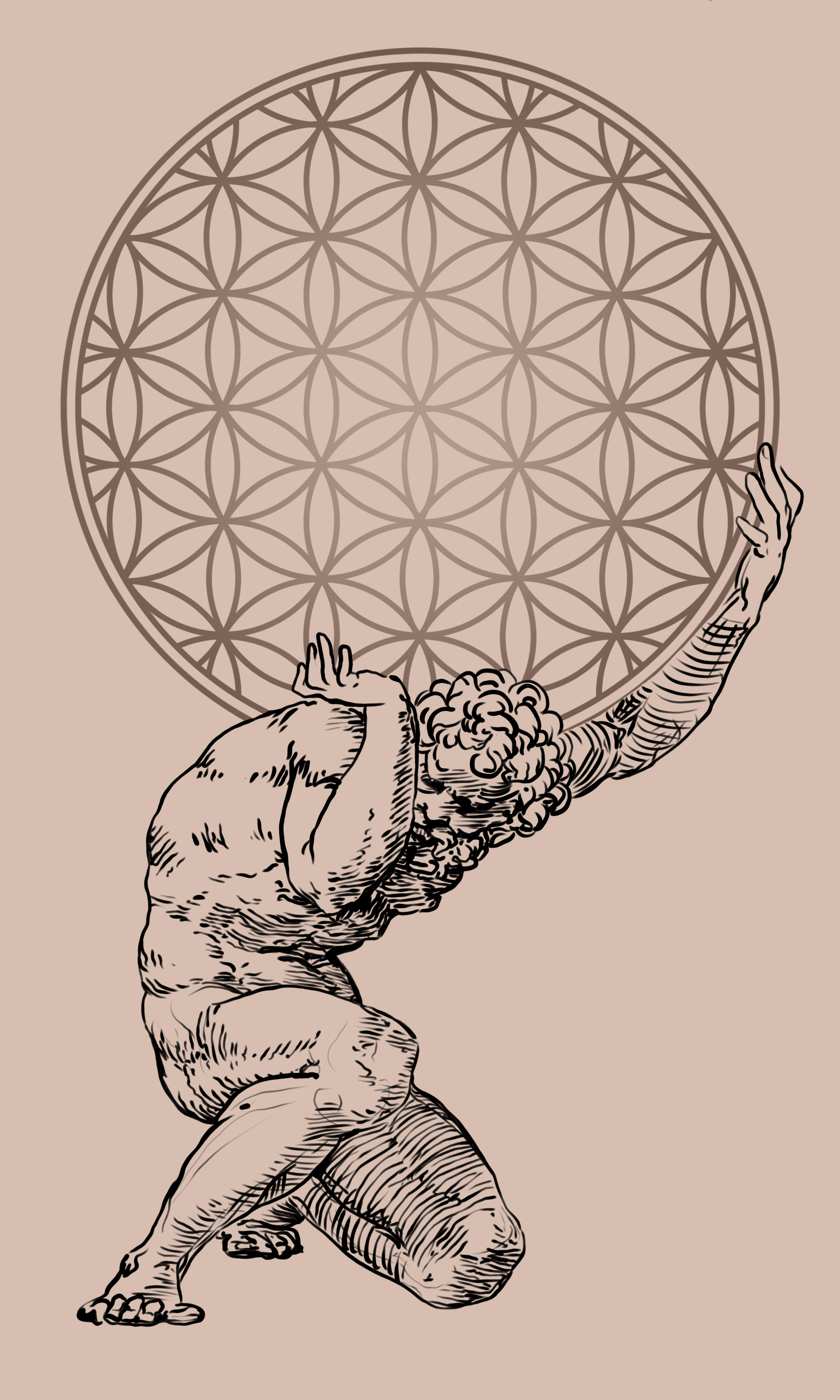 graphic design of Atlas holding the seed of life